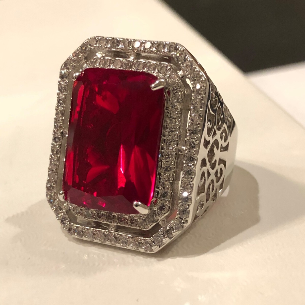 18k White Gold Plated Red Garnet Big Bold Square Cocktail Ring Gorgeous