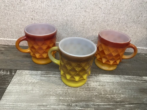 VTG Anchor Hocking Fire King Kimberly Mugs Diamond Pattern Set Lot of 3