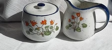 Vintage Counterpoint Stoneware Floral With Blue Trim Cream & Sugar With Lid...