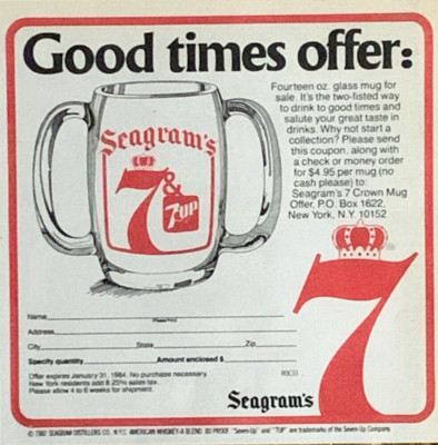 Seagram's Seven Up Glass Mug Offer Vintage Print Ad 1982 #0478