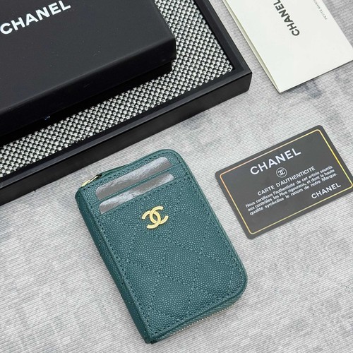 CHANEL Classic Zipped Card Holder Dark Green Caviar Leather Gold CC AP1650