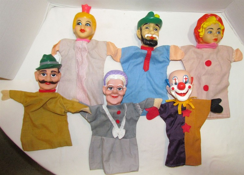6 Vintage Fairy Tale Puppets: Red Riding Hood, Princess, Woodsman, Granny, Clown