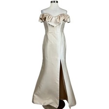 Alfred Sung Women's Formal Dress Size 8 Gold Satin Off the Shoulder Evening Gown