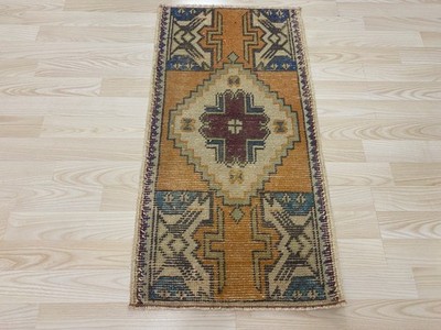 intage Anatolian Rug 1.5x2.9 ft Antique Small Carpet Ivory Orange Wool Rug Mat