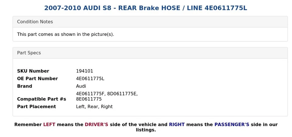 AUDI S8 2007-2010 - Manguera de freno trasero / línea 4E0611775L Foto 3 de 4