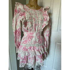 Love shack fancy Santorini dress pink white Sz m ruffled lace bell sleeve short