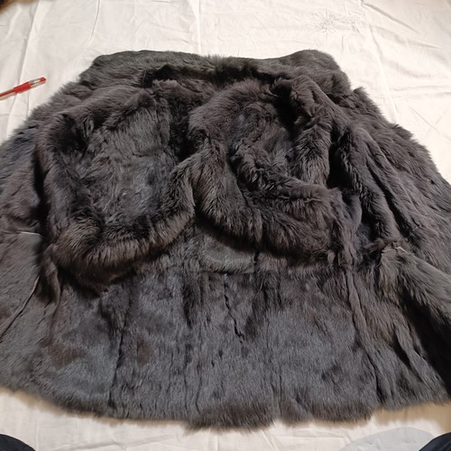 Vintage Real Rabbit Fur Coat leather Long coat Long black Jacket 100% Genuine - Foto 4 di 11