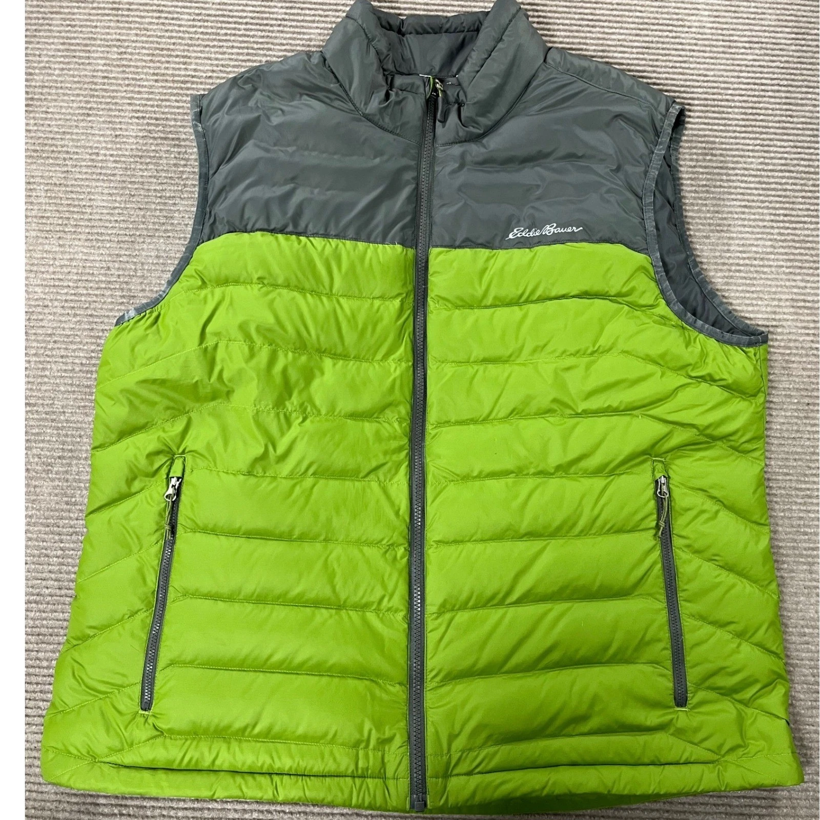 Eddie Bauer Mens Down Puffer Vest Lime Green Grey Colorblock Size XL