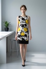 DressBarn Floral Shift Dress Size 8 Black White Yellow Sleeveless Knee Length