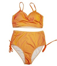 Orange  Yellow Striped High-Waisted Bikini Set Swimsuit Ruched Top Size L