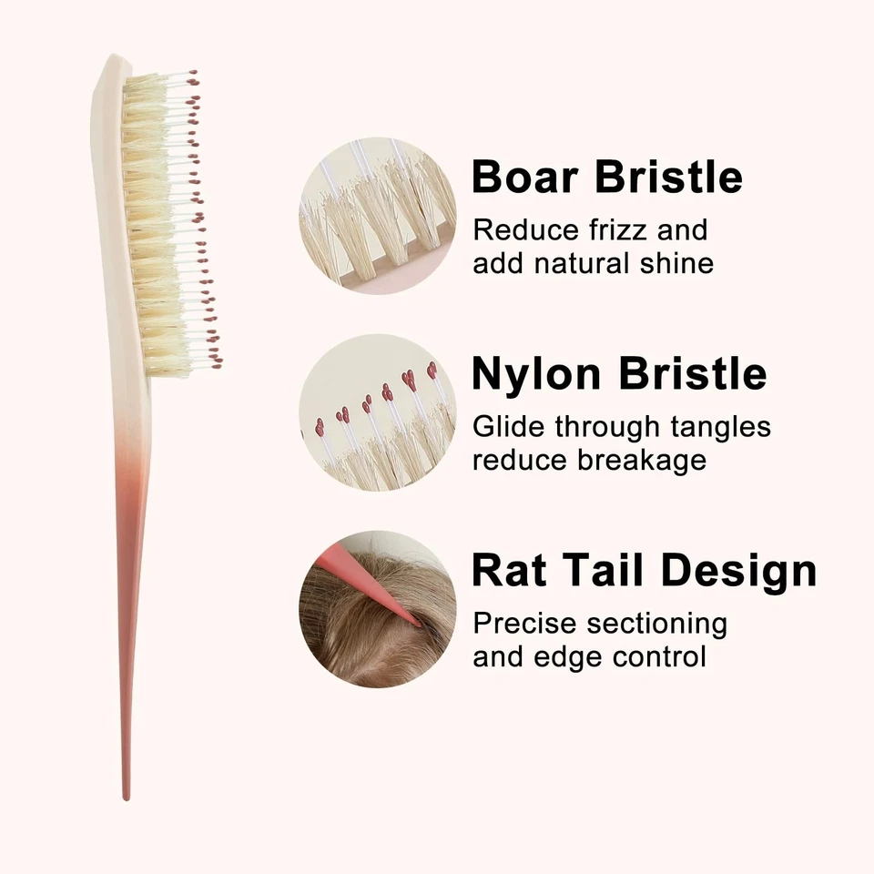 Cepillo de pelo de cerdas de jabalí y nailon, cepillo trasero resbaladizo con foto de cola de rata... Foto 4 de 4