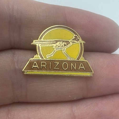 Vintage Arizona Roadrunner Desert Souvenir Enamel Lapel Pin Yellow Brown