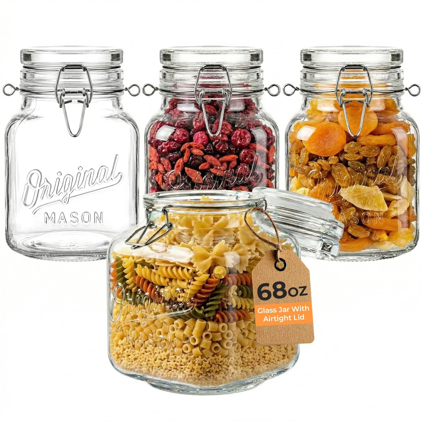4-PACK 68oz Glass Food Storage Jars with Airtight Clamp Lids, 4 Pack Large Ki...