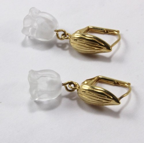 LALIQUE MUGUET LILIE BLUME MATTIERT KLAR KRISTALL VERGOLDET MONTAGE OHRRINGE