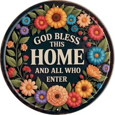 God Bless This Tin Metal Signs Home D cor 8x8in Round Faith Plaque for Front Doo