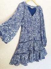 Madewell Tie-Waist Tiered Mini Dress 8 Floral Blue Ditsy No Belt Boho NS128 $148