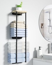 Towel Racks for Bathroom, 2 Tier Wall Towel Holder with Wood Shelf, Metal Wall M