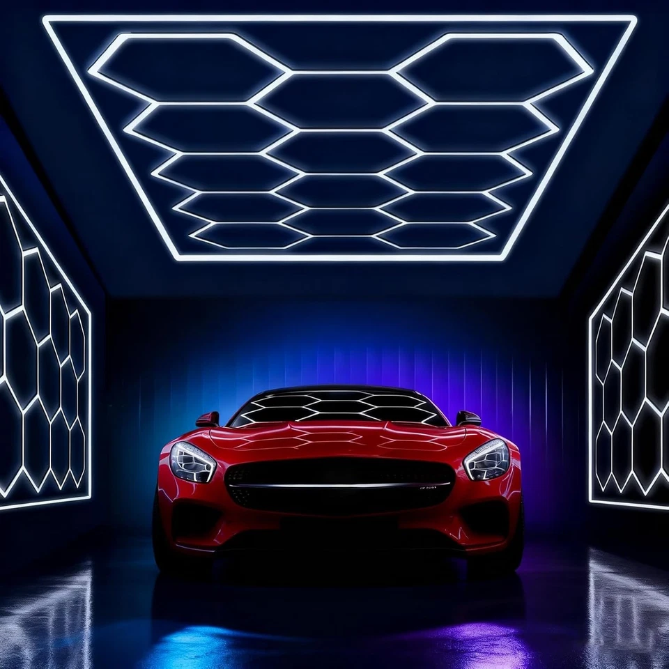 14x Hexagon Waben LED Licht mit Rahmen Superhelle KaltWeiß LED Garage Werkstatt - Bild 3 von 4