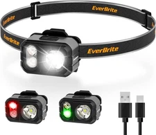 EverBrite Rechargeable LED Headlamp with Hat Clip White/Red/Green Light, 7 Modes