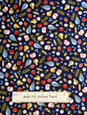 P&B Textiles Mod Kitchen Fruit Veggies Apple Blue Cotton Fabric Last Yard