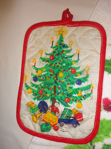 Dish Towel Fringed Vintage 1970's Christmas Print Terry Cloth & Potholder - Picture 4 of 5