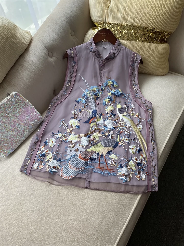 Womens Chinese Retro Style Mesh Floral Embroidery Vest