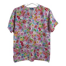 Scrubs HQ Size S Scrub Top Pink with Flower Pattern Has Pockets Medical Nurse