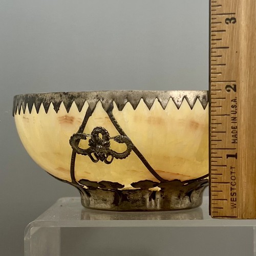 Antique Chinese Qing Dynasty Yongzhen Yellow Stone Bowl Silver Dragon Fittings - 第 13/14 張圖片