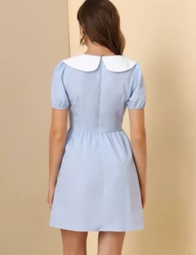 Allegra K Women's Contrast Peter Pan Collar Puff Short Sleeve A-line Dress - Picture 2 of 3