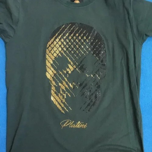 PLATINI Herren T-Shirt Gold bestickt Totenkopf, Tee Kurzarm Rundhals Grün M - Bild 5 von 7
