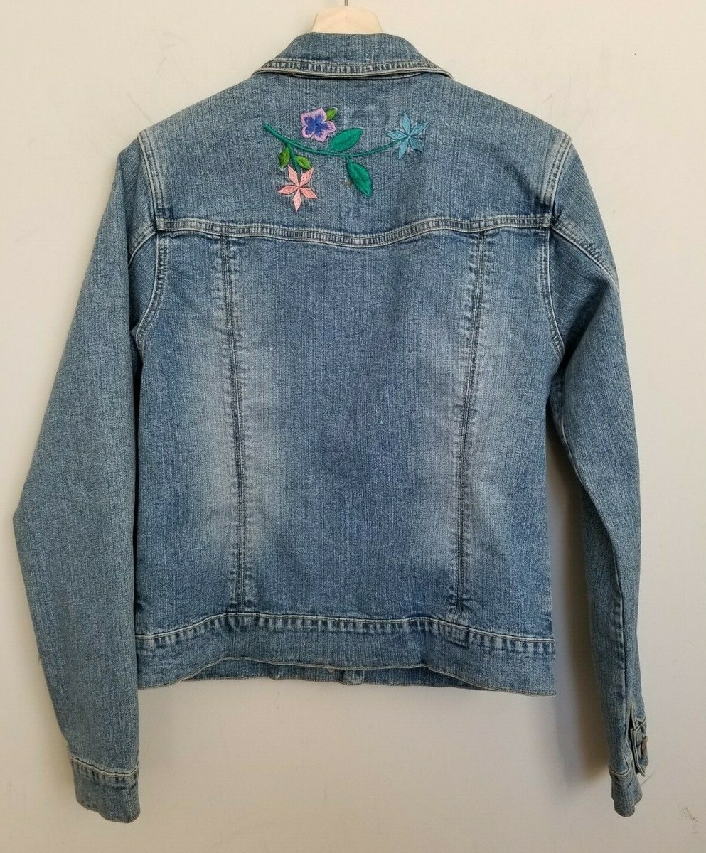 Yuka Jeans Jacket Blue Denim Floral Bead Embroidery Buttons