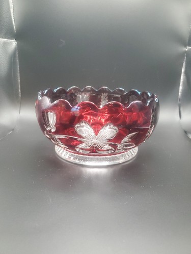 Red & Clear Cut Bowl Flowers With Scalloped Edge. 8" Across X 4" Height - Picture 3 of 14