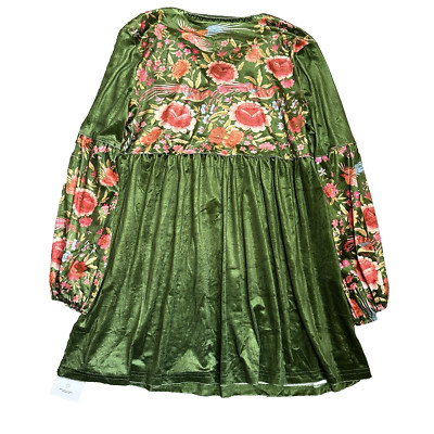 Ursime Floral Boho Dress/Shirt Green Long Sleeve Shiny Babydoll Peasant Style XL