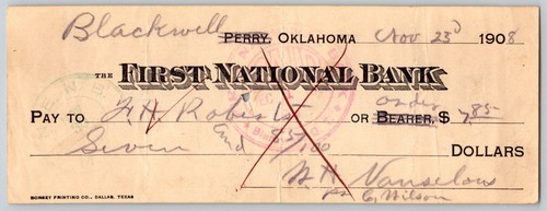 Blackwell / Perry, OK 1908 FNB Bankscheck - rar
