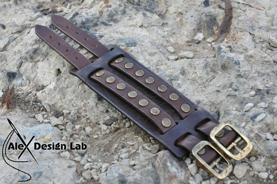 Brazalete ancho marrón con tachuelas de cuero pulsera de doble correa clase extra Foto 2 de 4