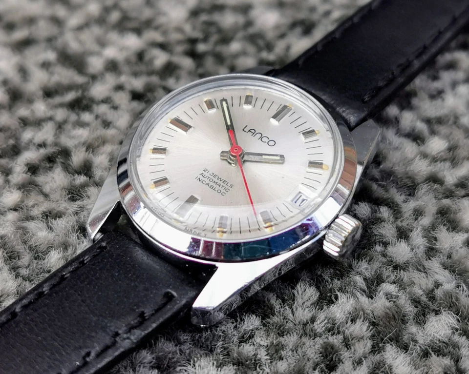 Reloj suizo LANCO vintage años 60 21 joyas, esfera plateada, fecha, correa de cuero Foto 2 de 4