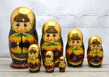 Russian Matryoshka Nesting Doll 7pc Sergiev 9" Moscow Building Sunsets SIGNED