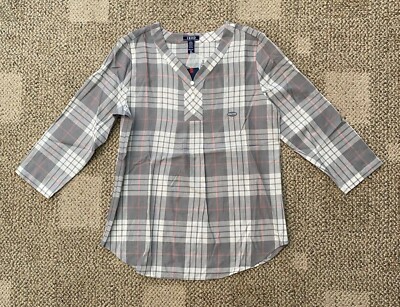 Womens IZOD 3/4 Sleeve V Neck Top Gray Plaid Size XXS 2XS Cotton
