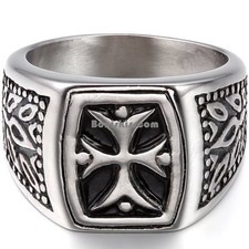 Black Silver Stainless Steel Shield Cross Men's Ring Engagement Wedding Band