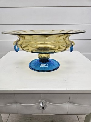 Steuben Footed Glass Bowl 14'' Inch Applied Handles Celeste Blue Topaz Optic Rib