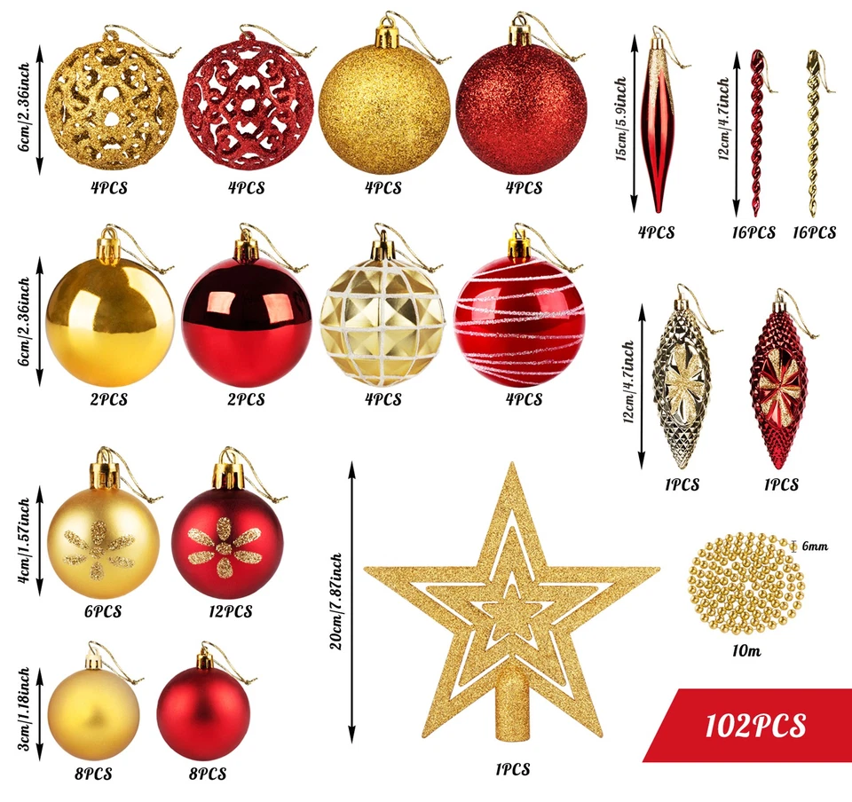 Weihnachtskugeln Rot Gold mit Baumspitze Stern 102er Kunststoff Christbaumkugel - Bild 3 von 4