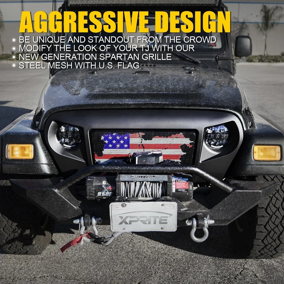 Angry Spartan Front Grille Steel Mesh US Flag for 1997-2006 Jeep Wrangler TJ LJ Foto 2 de 4