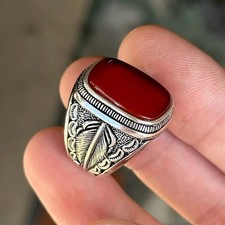 Men Silver Red Agate Square Aqeeq Gemstone Ring