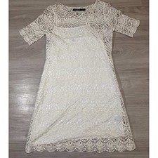 Lauren Ralph Lauren Ivory Lace Sheath Dress Short Sleeve Sheer Overlay Size L