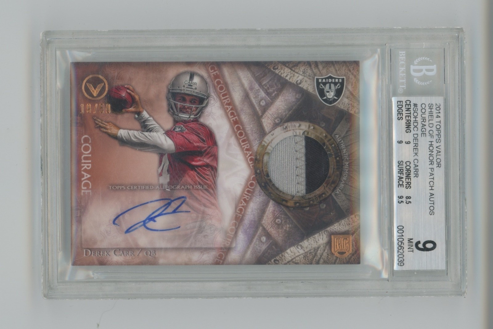 Derek Carr Topps Valor Shield of Honor Autograph Patch #SOHDC Base