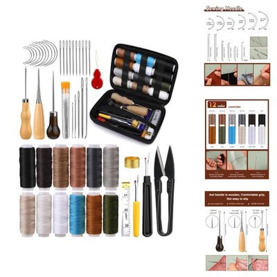 48pc Heavy Duty Upholstery Repair Kit Leather Sewing Needles Thread Awl Canvas