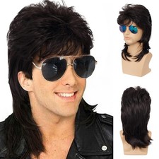 Mens Mullet Wigs Black Curly 70s 80s Cosplay Costume Wig Retro Punk Rocker Di...