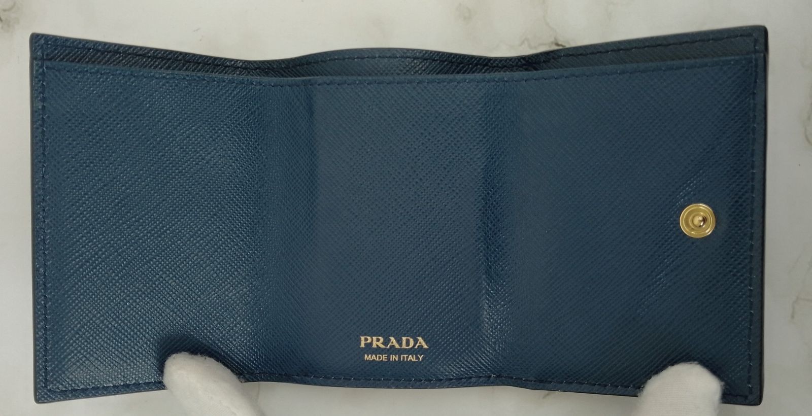 PRADA Saffiano Metal Compact Tri-fold Wallet Navy Blue Gold Hardware Leather Aut thumbnail 20