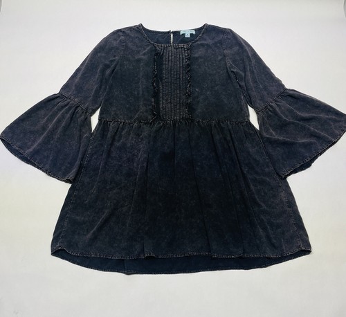 Black Acid Wash Peasant Flare Bell Sleeve Tunic Mini Dress Size M Boho Hippie