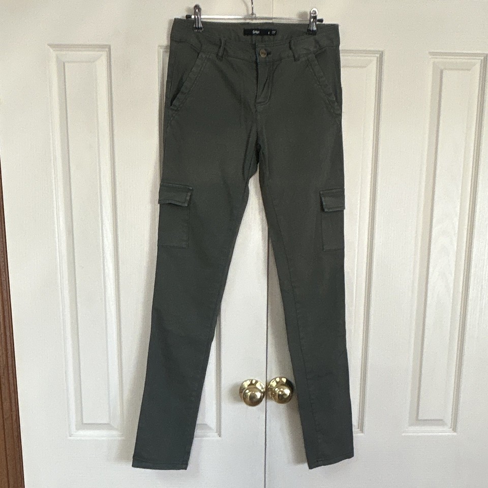 Sportsgirl Green Cargo Pants Flat Front Pockets Button Zip Size 8